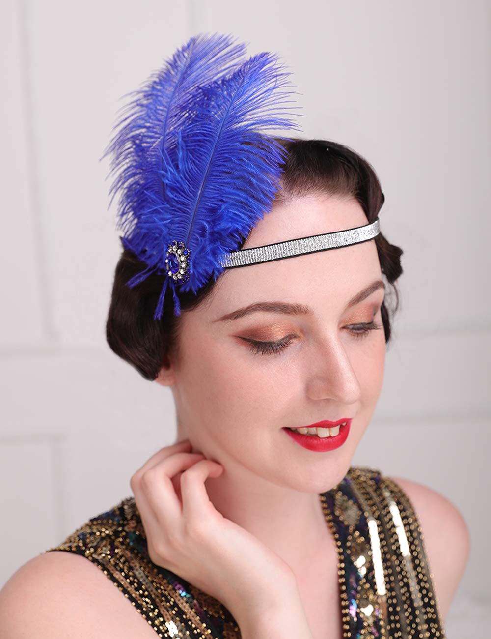 Anglacesmade 1920s Flapper Peacock Feather Headband Royal Blue with Elastic Band Costume Feather Headpiece Great Gatsby Hair Jewelry for Women and Girls