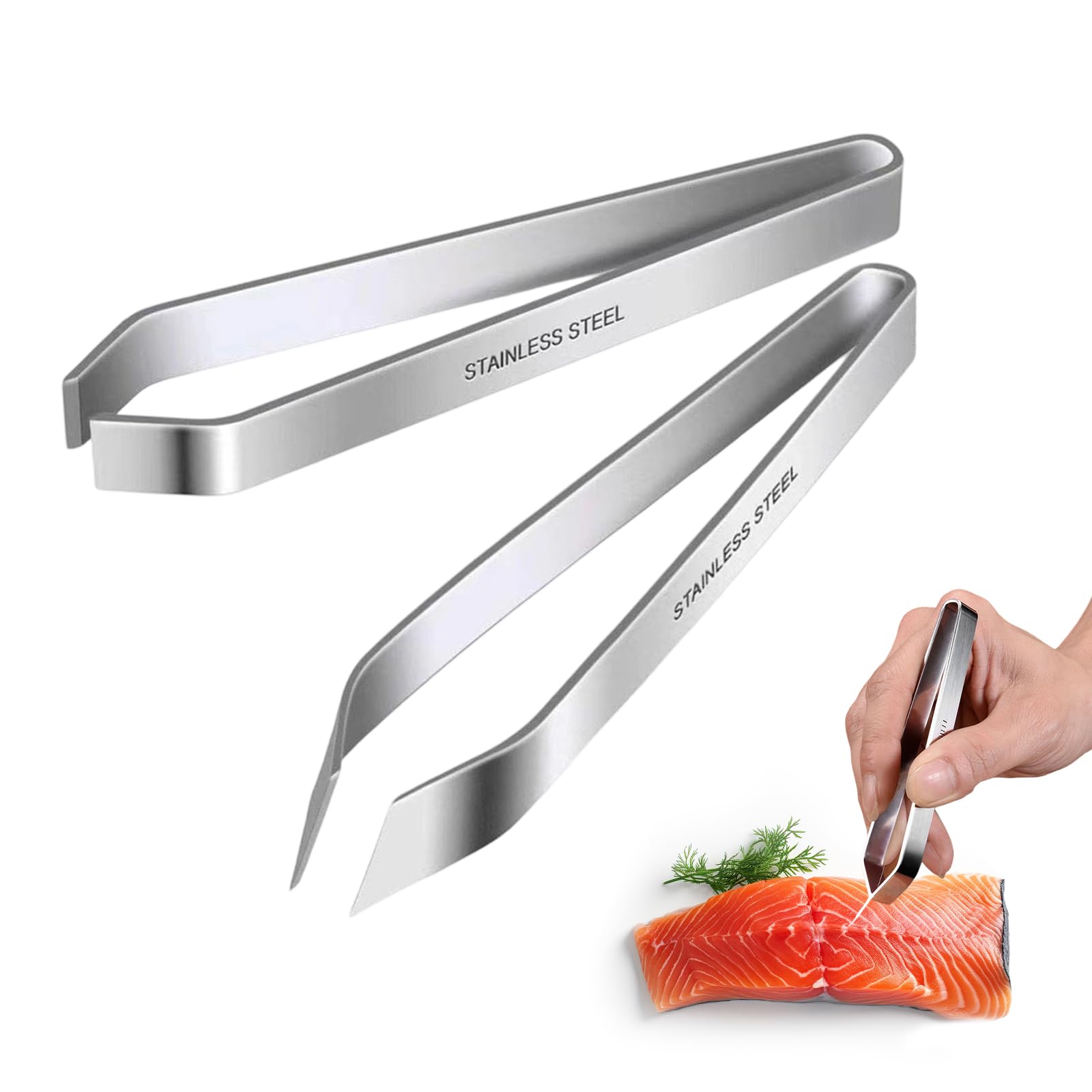 Tagmeiu Silver 2Pcs Fish Bone Tweezers Set, Professional Stainless Steel Flat And Slant For Removing Fish Bones, Plucking Feathers