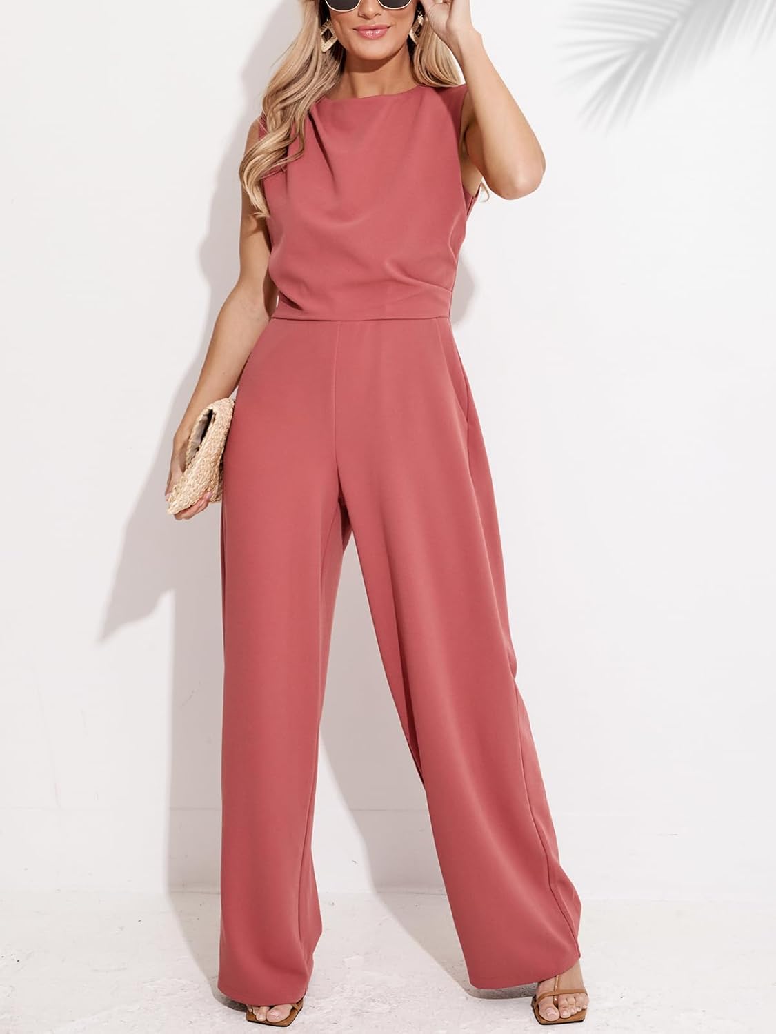 CUPSHE Summer Maxi Jumpsuit Round Neck Sleeveless Wide Leg One Piece Fall Outfit Pockets Fitted Overall Casual Maxi Romper - Image 4