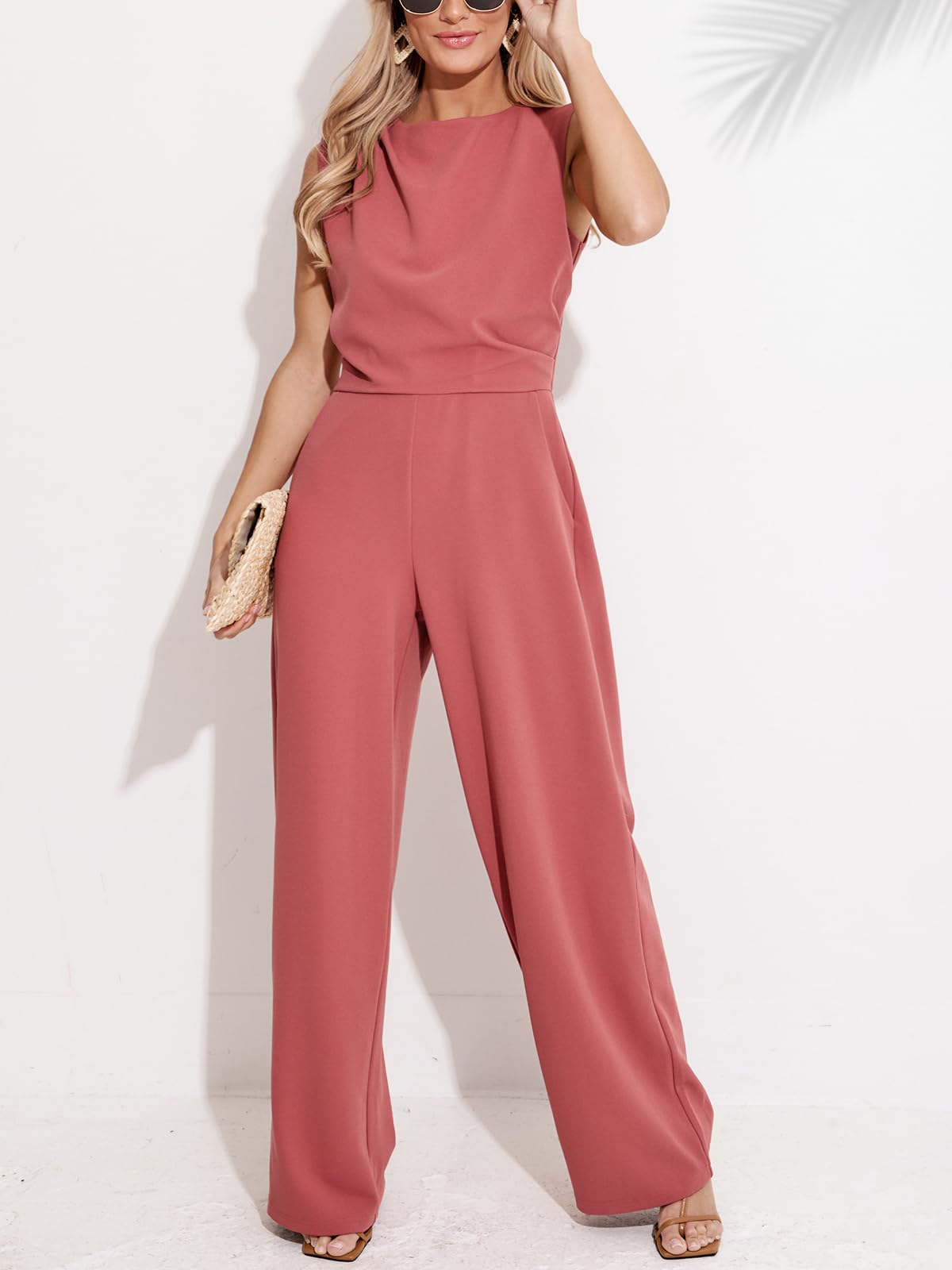 CUPSHE Combinaison d'été maxi col rond sans manches jambe large une pièce tenue d'automne poches ensemble ajusté maxi barboteuse décontractée