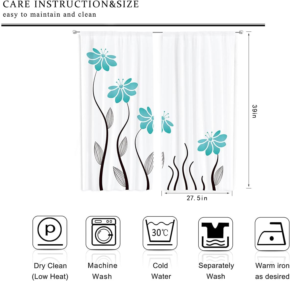 Riyidecor Teal Flower Kitchen Curtains 27.5 x 39 Inch Floral Petals Rod Pocket Leaves Woman Girl Plant White Silhouettes Printed Living Room Bedroom Window Drapes Treatment Fabric 2 Panels WW-TGNA