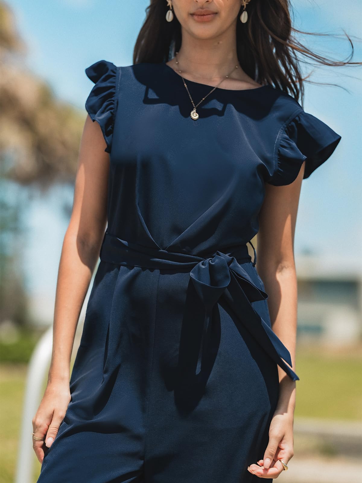 CUPSHE Mono de verano para mujer, cuello redondo, mangas volantes, espalda en V, con cinturón, pierna ancha, elegante, para uso diario