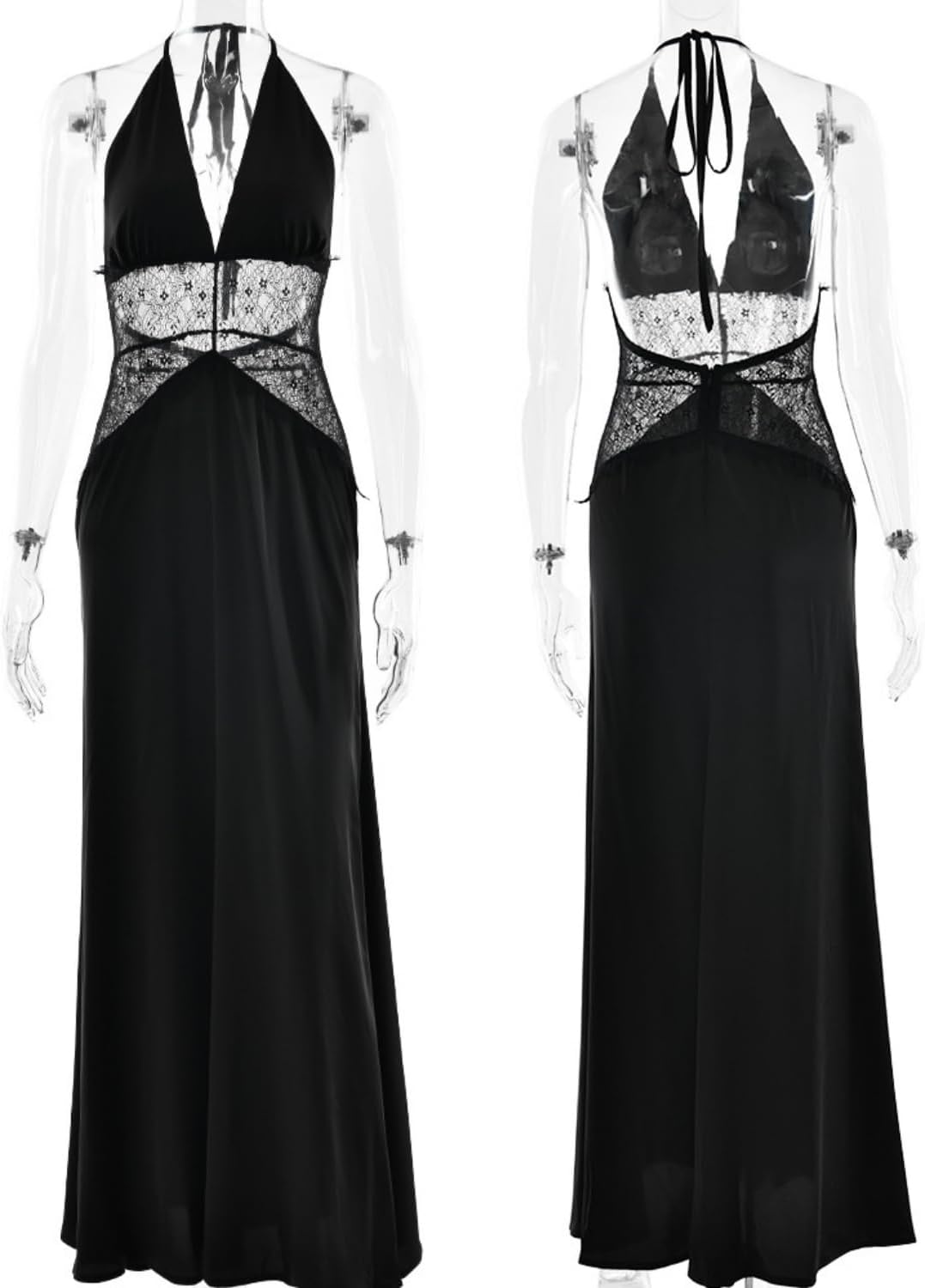 JUMISEE Women’s Elegant Sheer Lace Satin Maxi Dress Sexy Halter V Neck Backless Cocktail Dress Vacation Formal Dresses