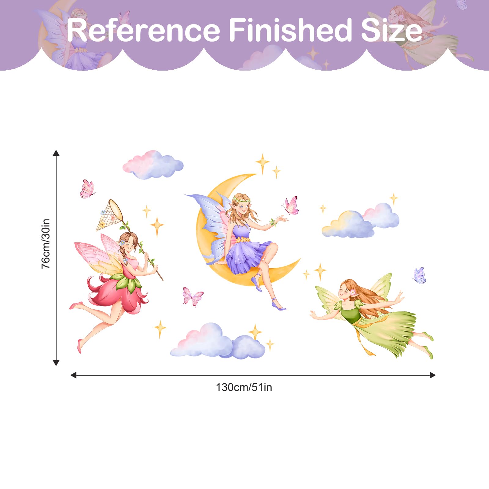 Tanlaby Fairy Wall Decals Elf Moon Star Clouds Wall Stickers Peel and Stick Art Decor for Girls Bedroom Baby Nursery Kids Toddler Playroom - Image 3