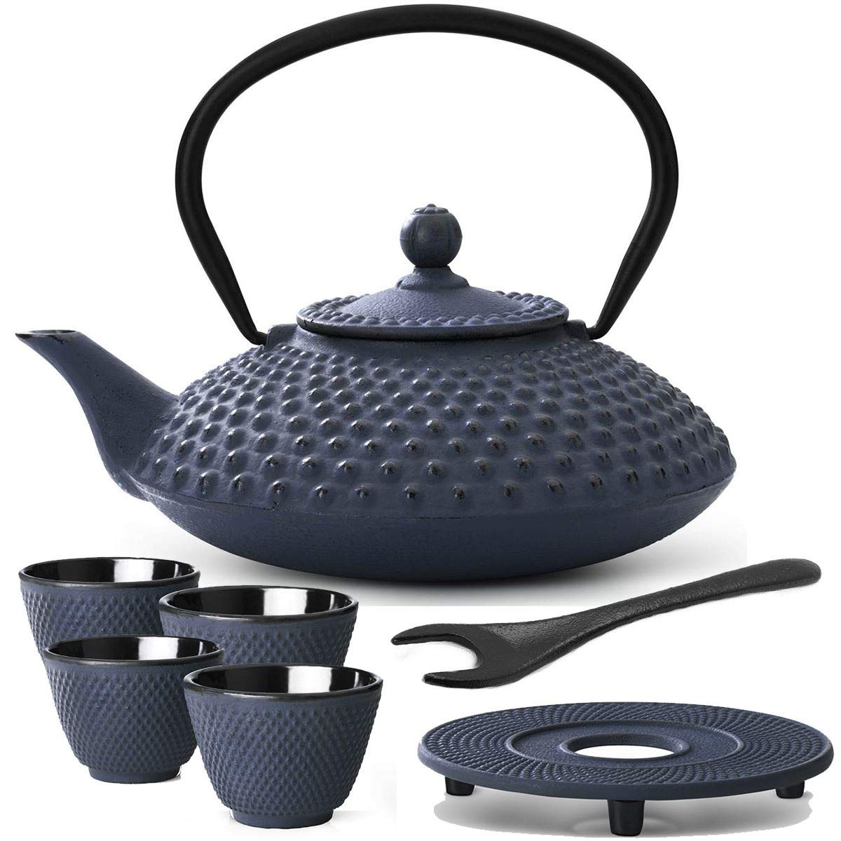 Bredemeijer Teekanne asiatisch Gusseisen Set 1.25 Liter - blaue Gusskanne mit Henkel & Edelstahl Tee-Filter Sieb-Einsatz für losen Tee & 4 Teebecher (Tassen) & Untersetzer & Deckelheber