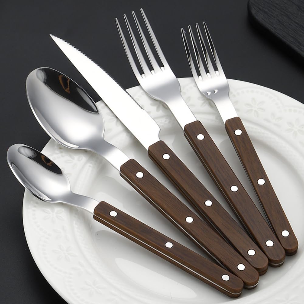 Spessa Rivetto Morsetto Manico Cucina Acciaio Inox Argenteria Stoviglie Posate Set Bistecca Coltello Forchetta Cucchiaio Cucchiaino (Marrone scuro,20 pezzi)