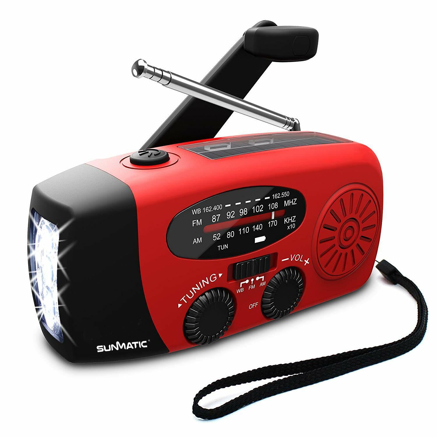 Radio d'urgence Solaire et Dynamo SunMatic – AM/FM Portable avec Lampe LED, Batterie 2000mAh, Charge USB, Radio à Manivelle, Idéal pour Camping, Randonnée, Panne de Courant et Kit de Survie