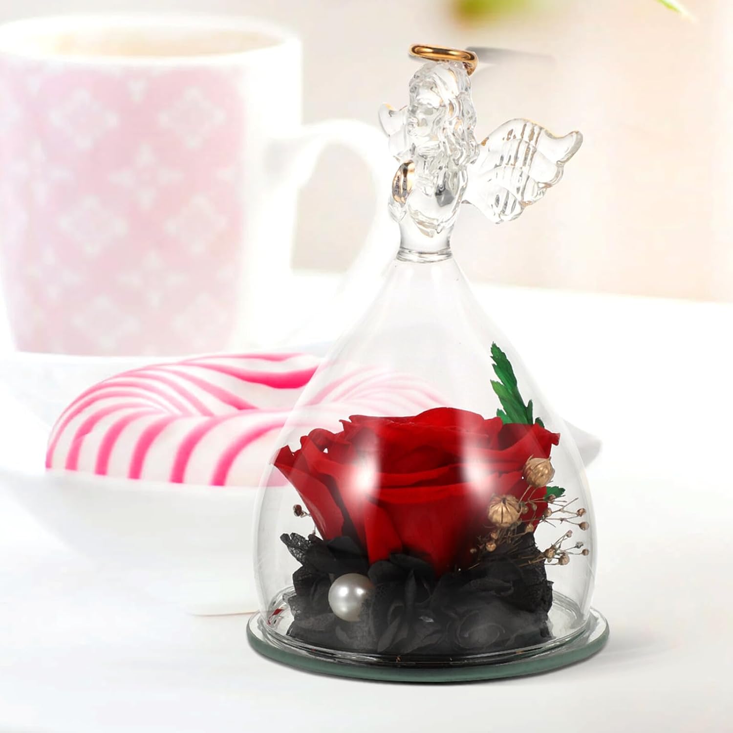 Preserved Flower Glass Dome with Angel Design Romantic Decor for Valentine’s Day Desktop Adornment Elegant Space-Saving Gift for Women
