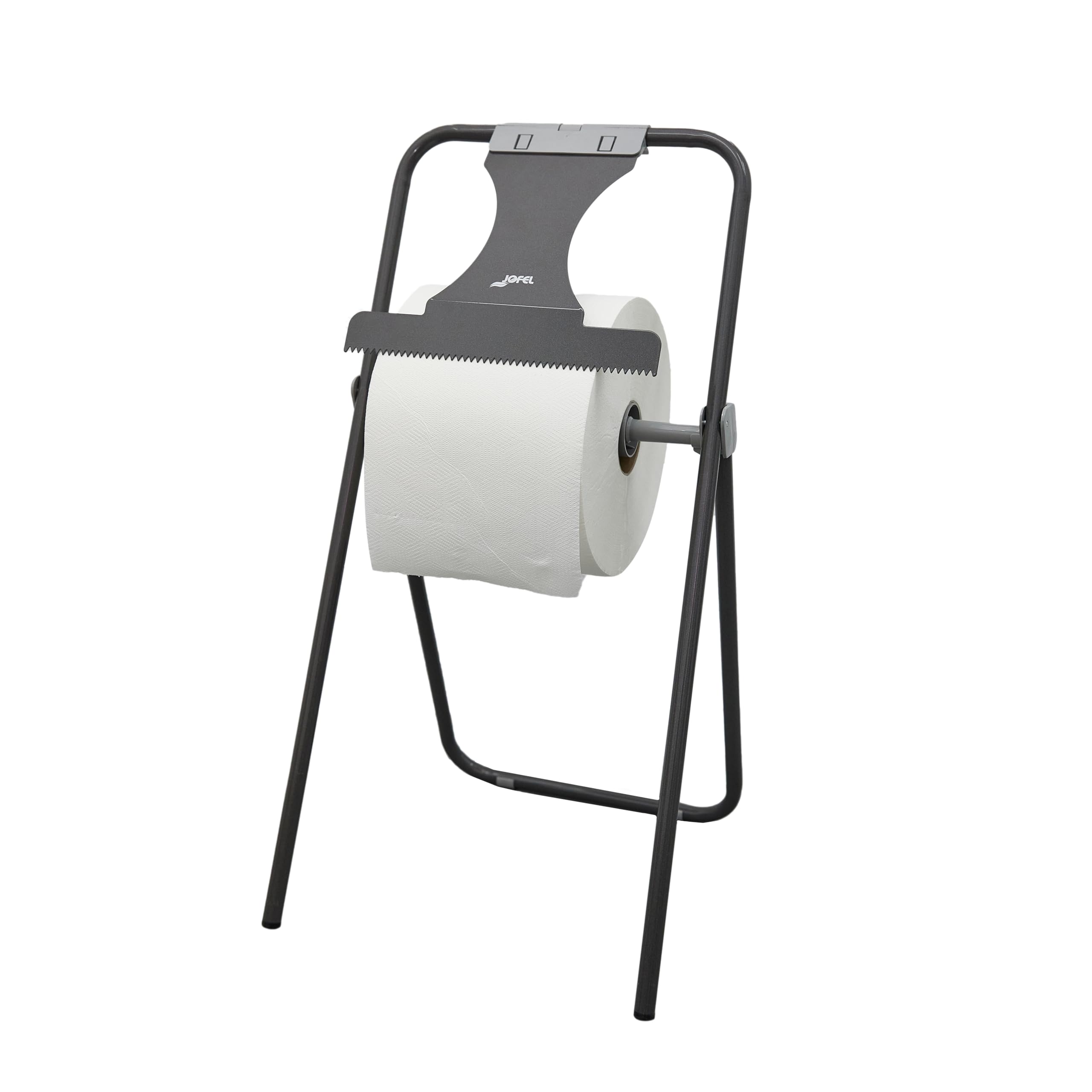 Jofel - Porte-rouleau pliable au sol, Distributeur de papier industriel avec coupe frontale, grande capacité, tube acier 20mm, accepte des rouleaux jusqu'à 500m, AD30010