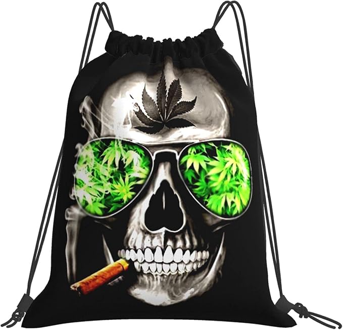 Weed Cannabis Marijuana Smoking Skull 2 Drawstring Backpack String Bag