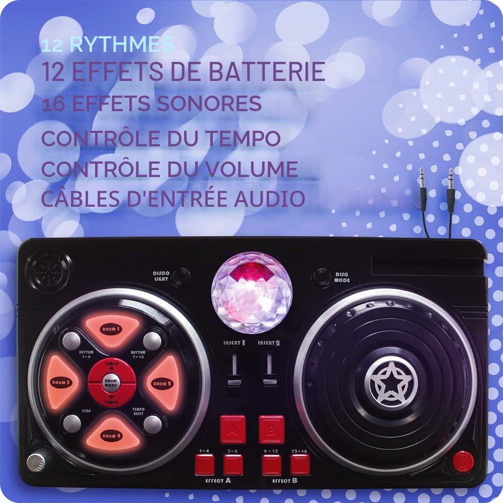 Deqube - Table de mixage DJ avec différentes bases et effets, comprend une boule lumineuse disco, connexion Bluetooth aux appareils, couleur noire, moyen (916D00040)