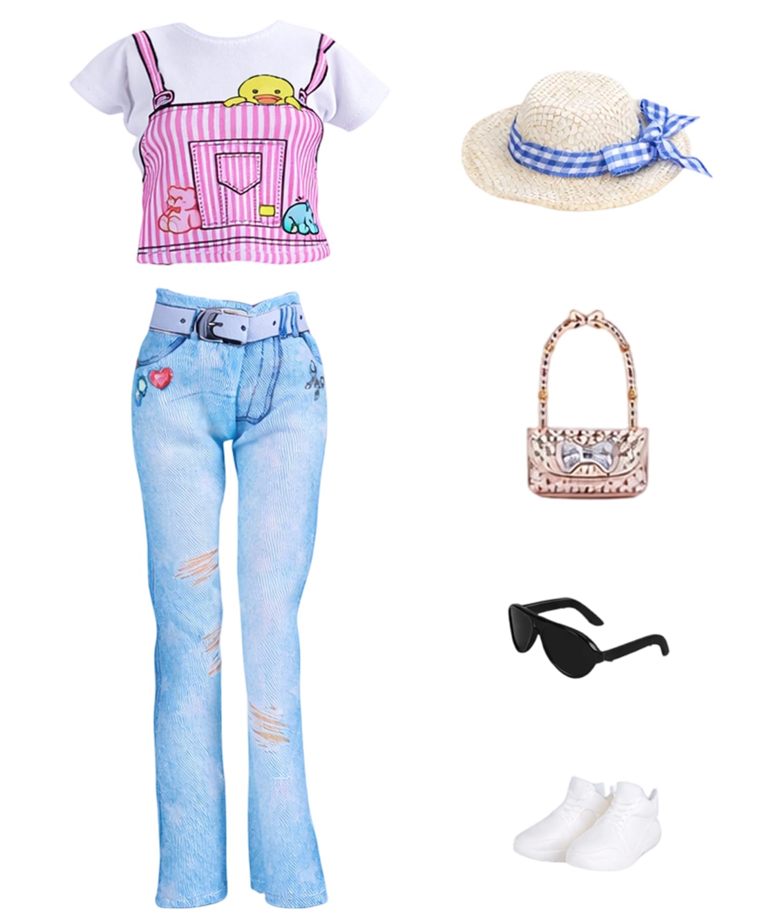 6Pcs Doll Clothes Set, Doll Dress,Doll Clothes,Summer Doll Denim Outfit Set, Role Play Dress Up for Birthday Parties and Beach Theme Play