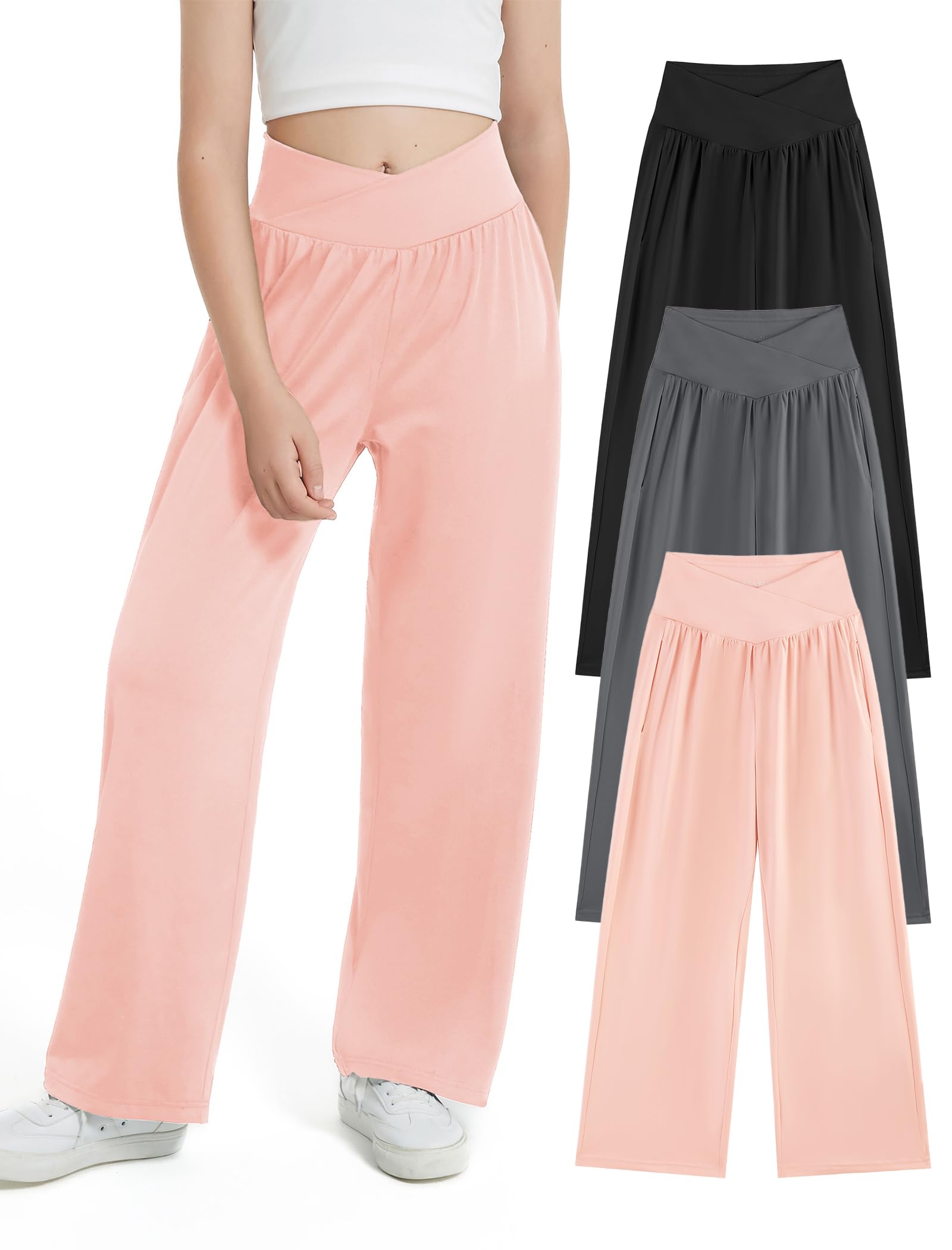 EXARUS 3 Pack Girls Wide Leg Pants Baggy/Tapered Loose Casual School
