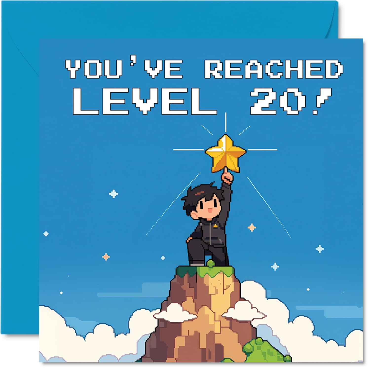 Playful 20th Birthday Card - Level Up Their Big Day - Pixel Art Mountaintop Hero with Glowing Star - Epic Video Game Vibes for a 20th Milestone - 145mm Square, Envelope Included