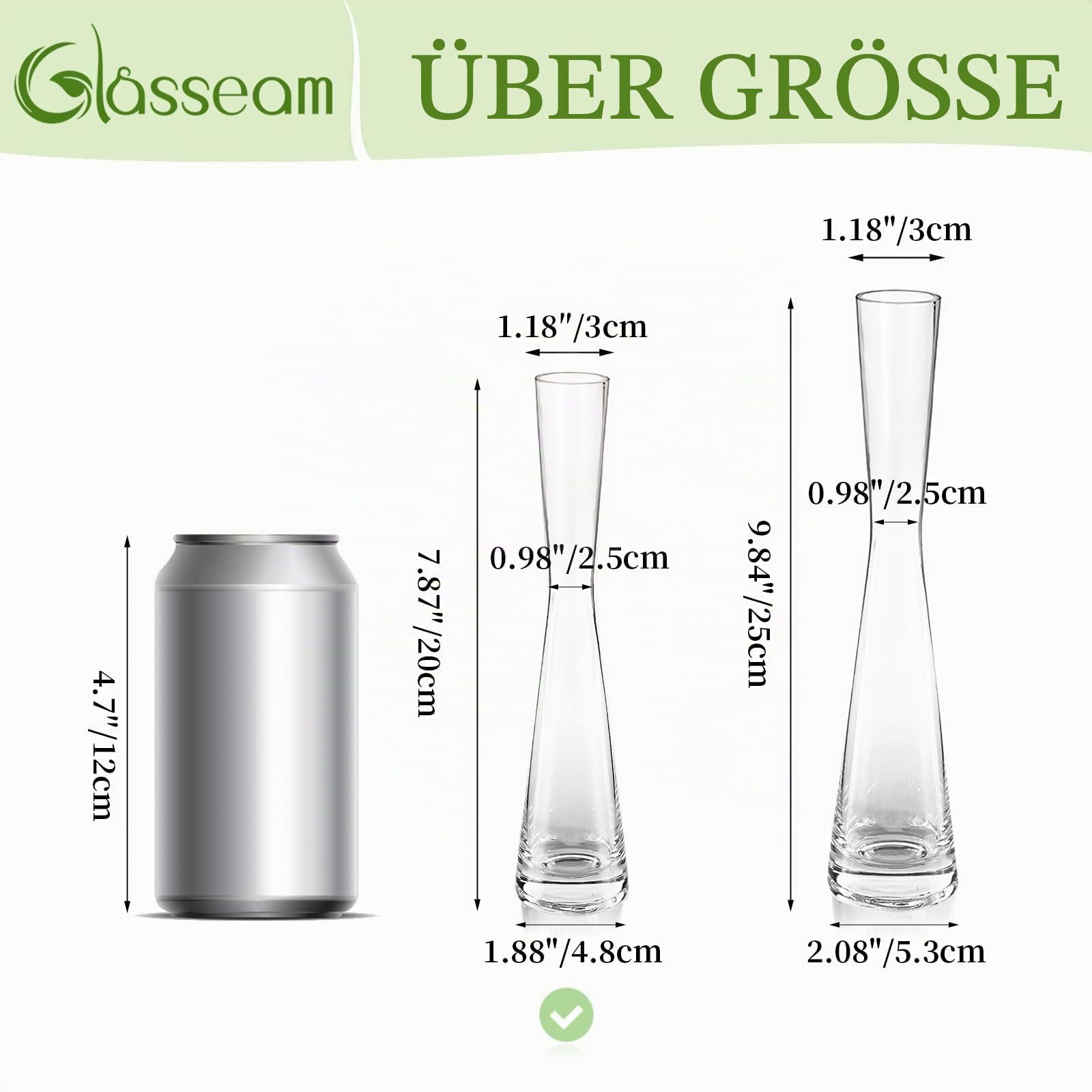 Glasseam Glasvase Set für Tafelaufsätze Tischdeko, 18er Klar Vase Glas | 20cm H, Handmade Blumenvase Modern, Schmale Vasen Deko für Blumen Pflanzen Rose Tulpen, Hochzeit, Party, Home, Wohnzimmer