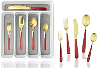 Vista 8 de JASHII Juego de cubiertos con bandeja, juego de cubiertos cuadrados de acero inoxidable de 20 piezas para 4, acabado mate, utensilios de comida