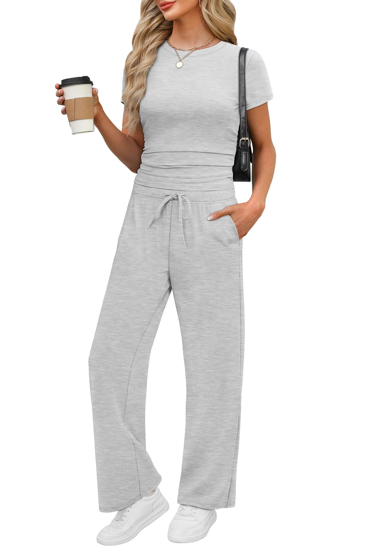 WIHOLL 2 Piece Sets for Women Summer Travel Vacation Outfits Workout Ruched Tops Wide Leg Pants Lounge Sets