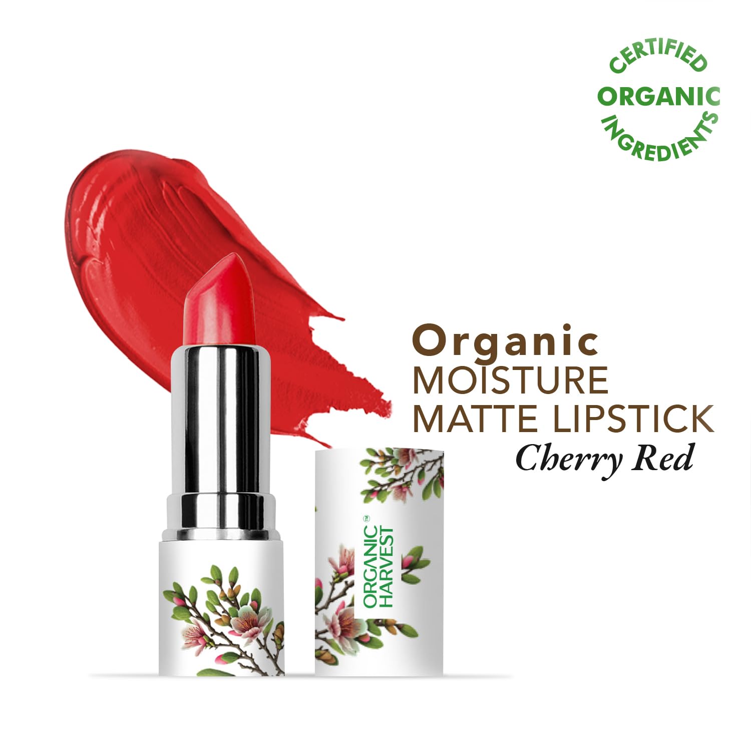 Organic Harvest Moisture Matte Lipstick – Cherry Red | langanhaltender roter, cremiger matter Lippenstift | feuchtigkeitsspendende Formel | zertifiziertes Bio-Make-up | tierversuchsfrei & vegan, 4 g