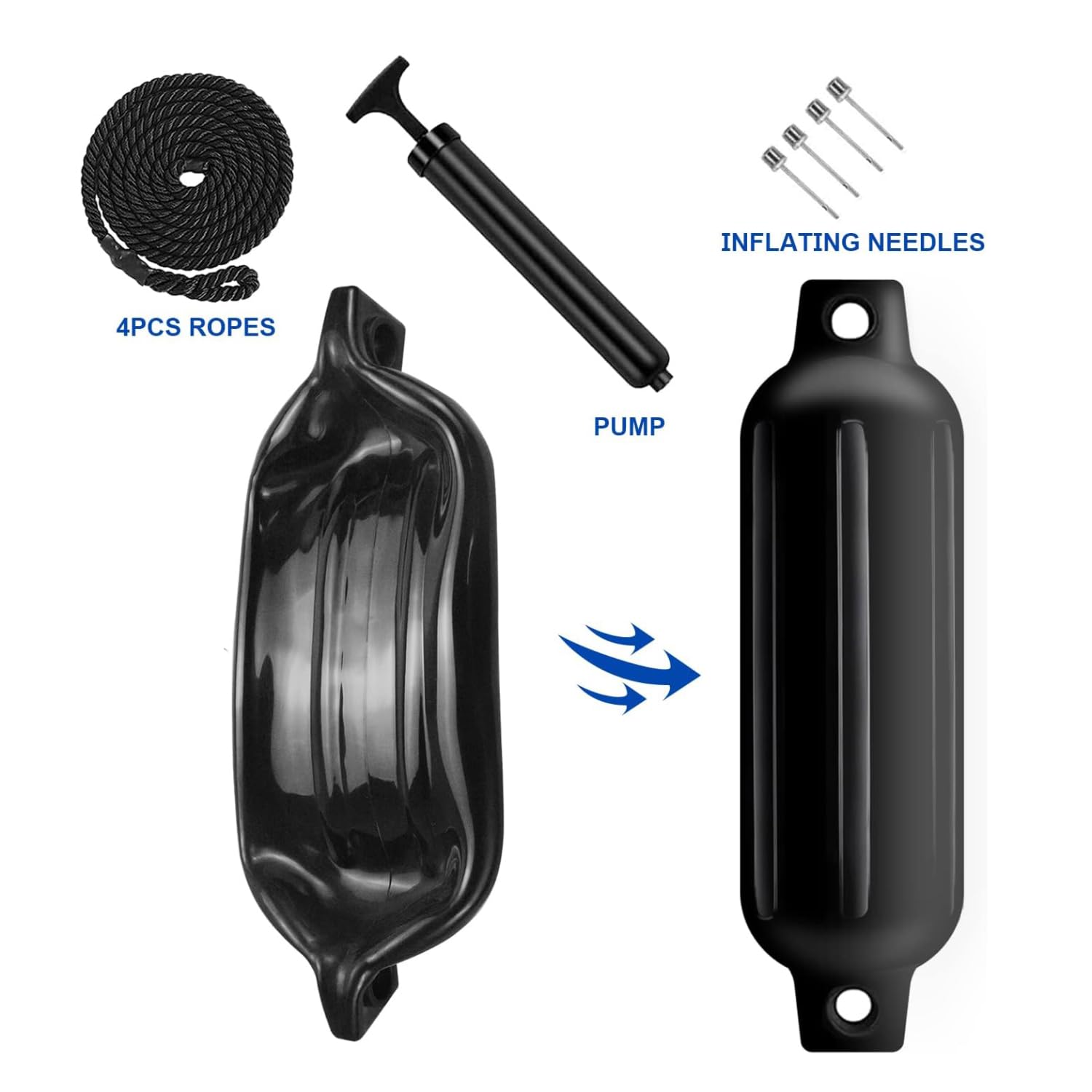 NEWFUN 4X Fender Boot,Bootsfender,50 * 14cm Kotflügelsatz Mit Kotflügelleitungen, Einschließlich Pumpe, Vier Luftbolzen, Antikollisionsschutz, Geeignet für Boote von 3 bis 6 Metern PVC