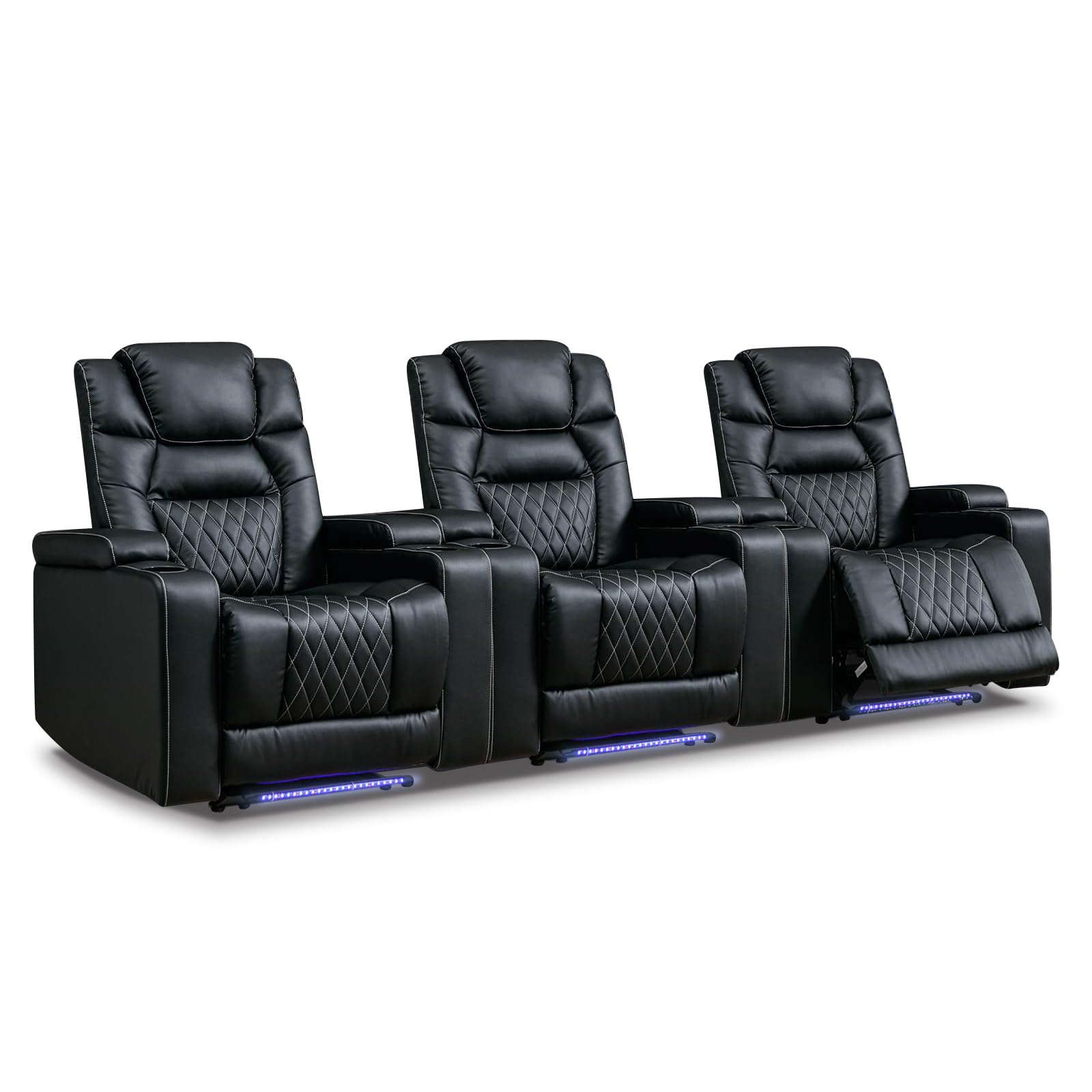 ANJ Power Home Theater Recliner Chair Set of 3, Electric Movie Theater Seating Reclining Chairs with Cup Holders for Living Room, Faux Leather with Blue LED, USB Ports, Hidden Arm Storage (Black)