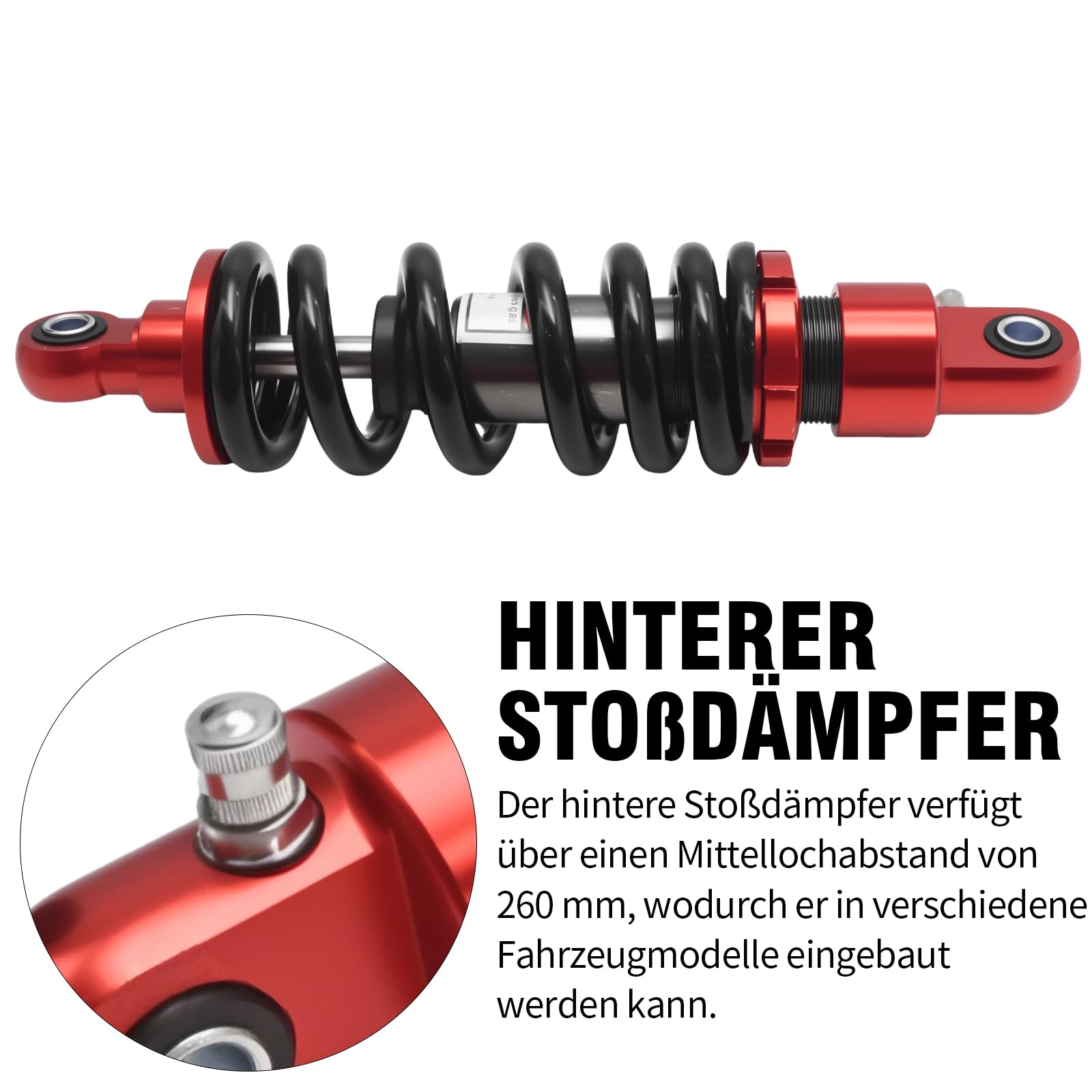 Hoypeyfiy 260 mm, 1500 lb Hinterer Motorrad-Stoßdämpfer, 10 mm Loch, Universal-Stoßdämpfer mit Einstellfeder, ATV, SUV, Mini-Geländewagen für elektroroller
