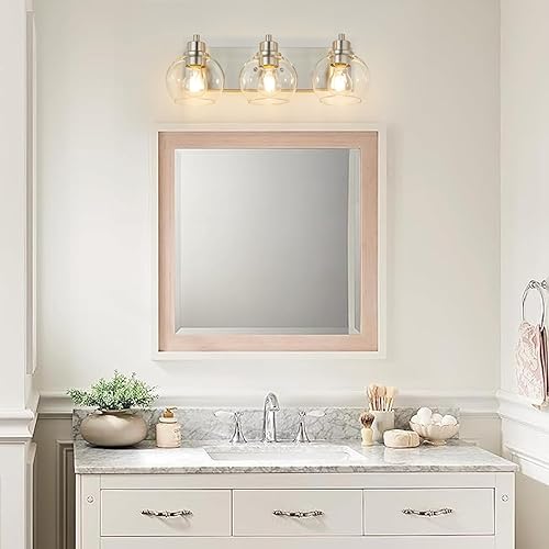 Miniatura 8 de Tuscarora Lámpara de baño, lámpara de tocador de níquel cepillado de 3 luces con pantalla de vidrio transparente, accesorios de iluminación para