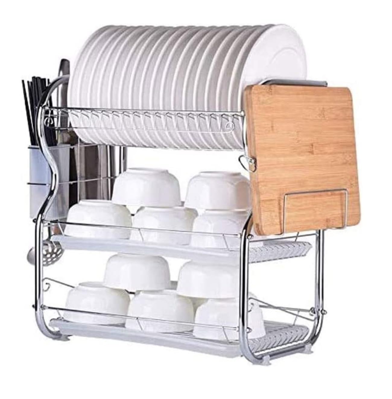 GLJTUO Metal Kitchen Countertop nizer Dish Rack with Vegetable Drying Rack Three layer Kitchen Drain Rack for Utensil Holder and Drainage (Silver B),Silver-B
