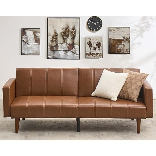GarveeHome 75" Futon Sofa Bed Mid-Century Futon Couch, PU Leathe Convertible Sleeper Couch with Adjustable Backrest, Loveseat and Side Pockets for Living Room & Bedroom (Brown)