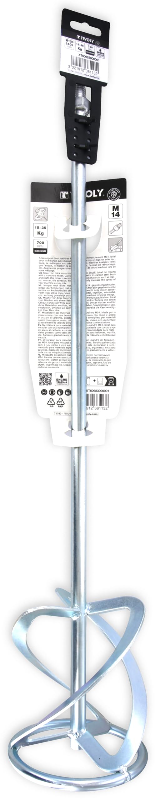 TIVOLY - Mélangeur Matières Épaisses M14 pour Malaxeur - L600mm - Ø120mm - Tige Acier Carbone - Robuste et Efficace