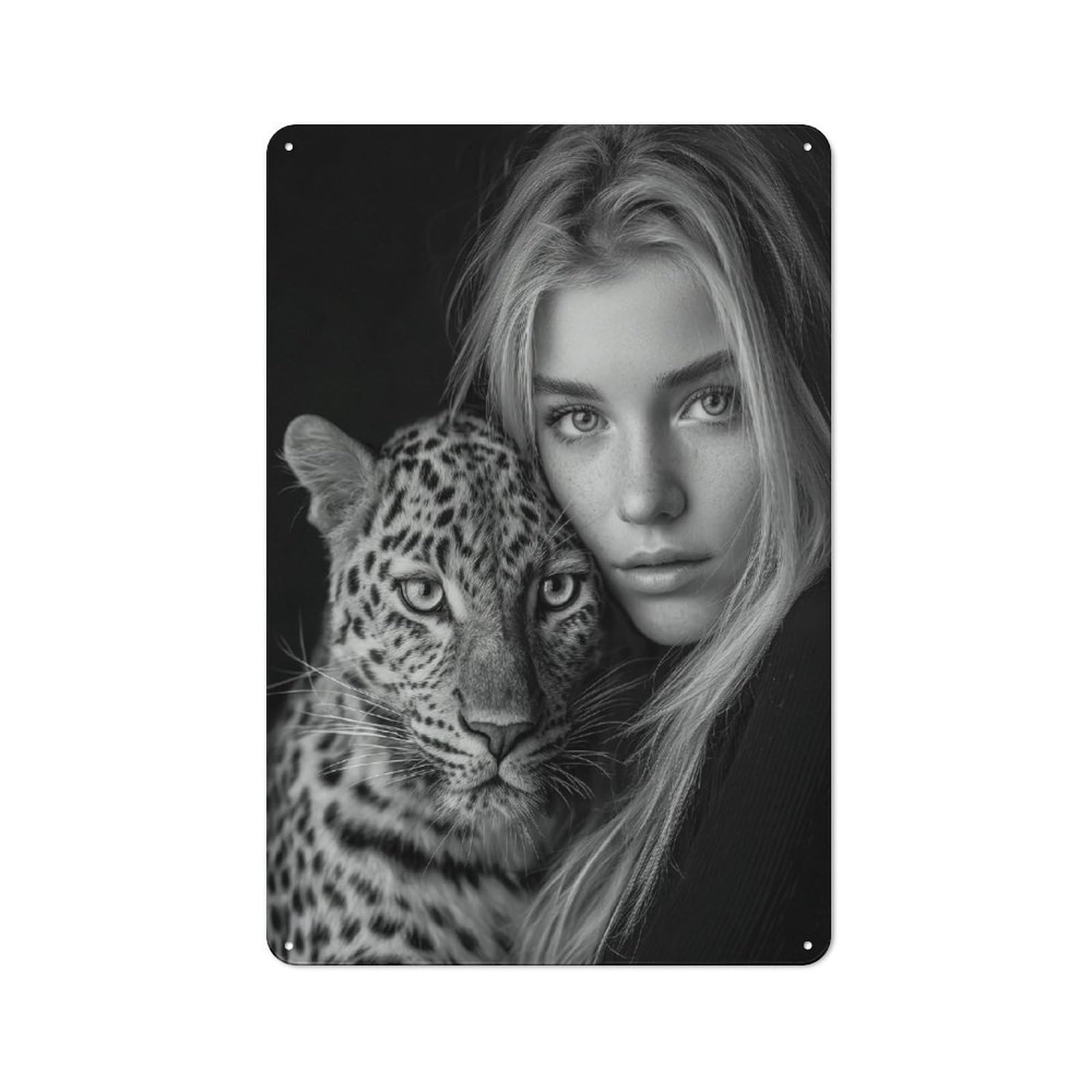 Junmoney Monochrome Portrait Woman And Leopard Kitchen Metal Sign 30X20cm, Country Style Kitchen Wall Decor For Restaurant, Kitchen, Counter Or Breakfast Nook