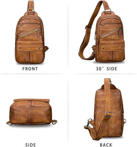 Miniatura 4 de IVTG Bolso bandolera de cuero genuino para hombres y mujeres, estilo vintage, hecho a mano, bolso de hombro, bolso cruzado en el pecho, Marrón,