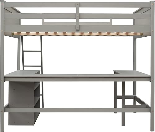 Miniatura 105 de Cama alta funcional tamaño individual con 2 cajones y 2 armarios, base de cama de madera maciza con barandilla de seguridad y escalera de