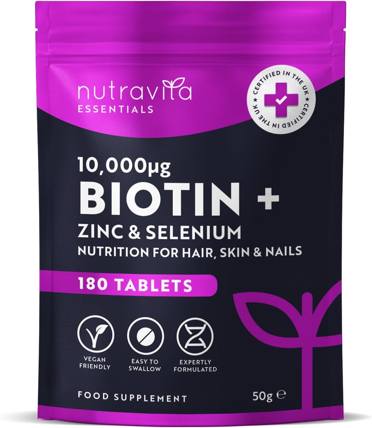 Biotin Hair Growth Supplement 10,000mcg - Scientifically Proven to Maintain Normal Hair Skin & Nails - 180 High Strength Vegan Tablets with Zinc & Selenium - Biotin Vitamins for Women & Men