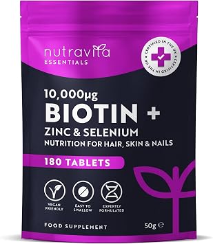 Nutravita Biotin Hair Growth Supplement 10,000mcg - Scientifically Proven to Maintain Normal Hair Skin & Nails - 180 High Strength Vegan Tablets with Zinc & Selenium - Biotin Vitamins for Women & Men