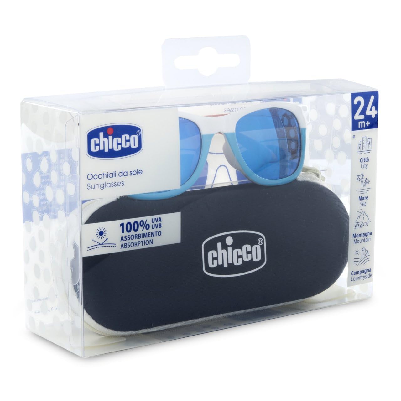Chicco | Sonnenbrille für Kinder 24 Monate + – Farbe Blaugrün/Weiß – vollständiger Schutz vor den schädlichen Auswirkungen von UVA- und UVB-Strahlen – kratzfeste Gläser