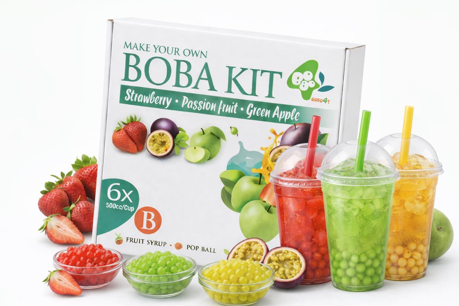 Bobo4T Bubble Tea Kit B – Komplett Set für 6 Drinks | Einzeln verpackt für maximale Frische | Jasmin Grüner Tee Pulver, Erdbeer-, Grüner Apfel- & Passionsfrucht Bobas + Fruchtsirup