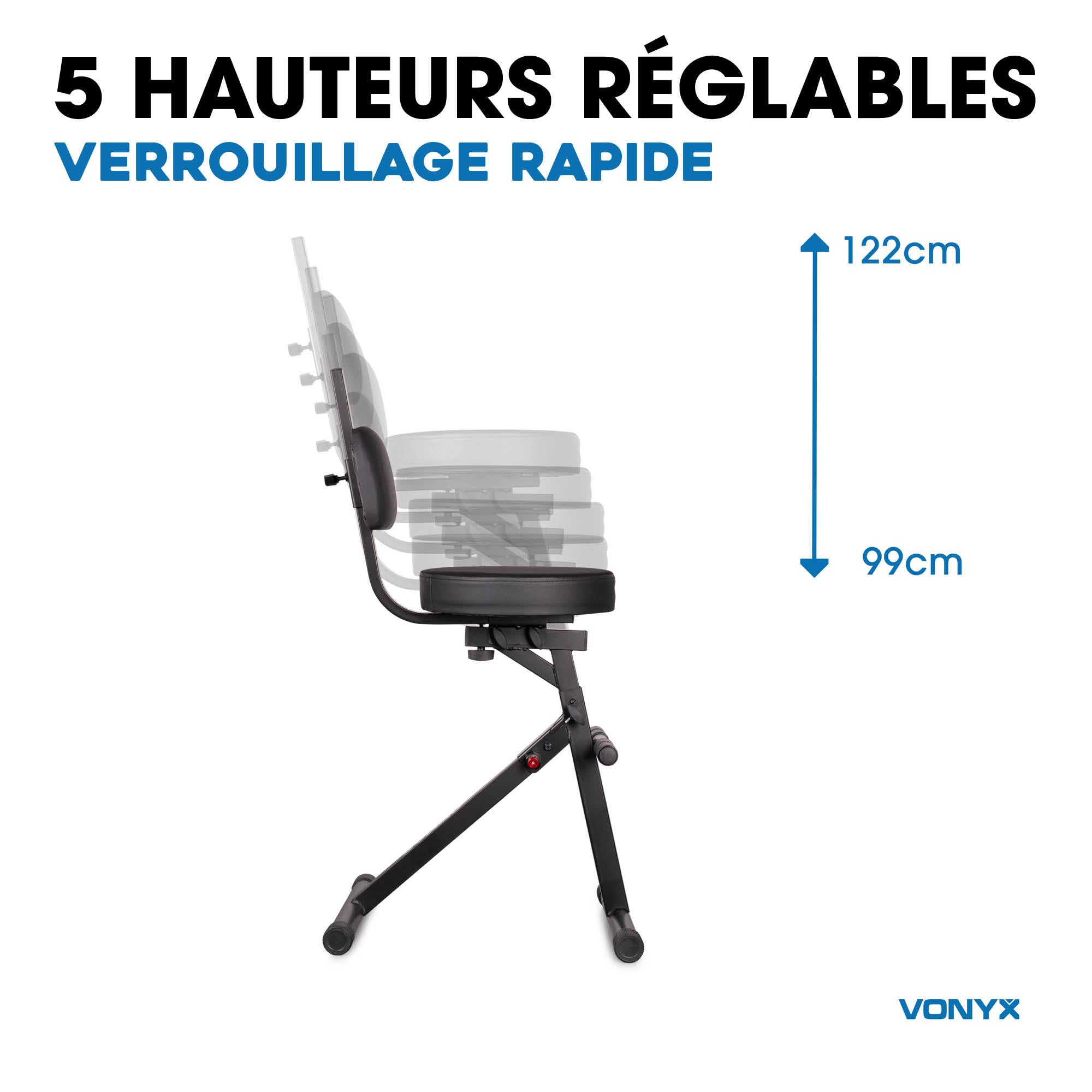 VONYX GST15 Tabouret de Guitariste avec Dossier - 5 Hauteurs Réglables, Mousse à Mémoire de Formes, Maxi 100kg, Pieds Antidérapants, Un Tabouret Idéal pour Jouer de la Guitare Confortablement