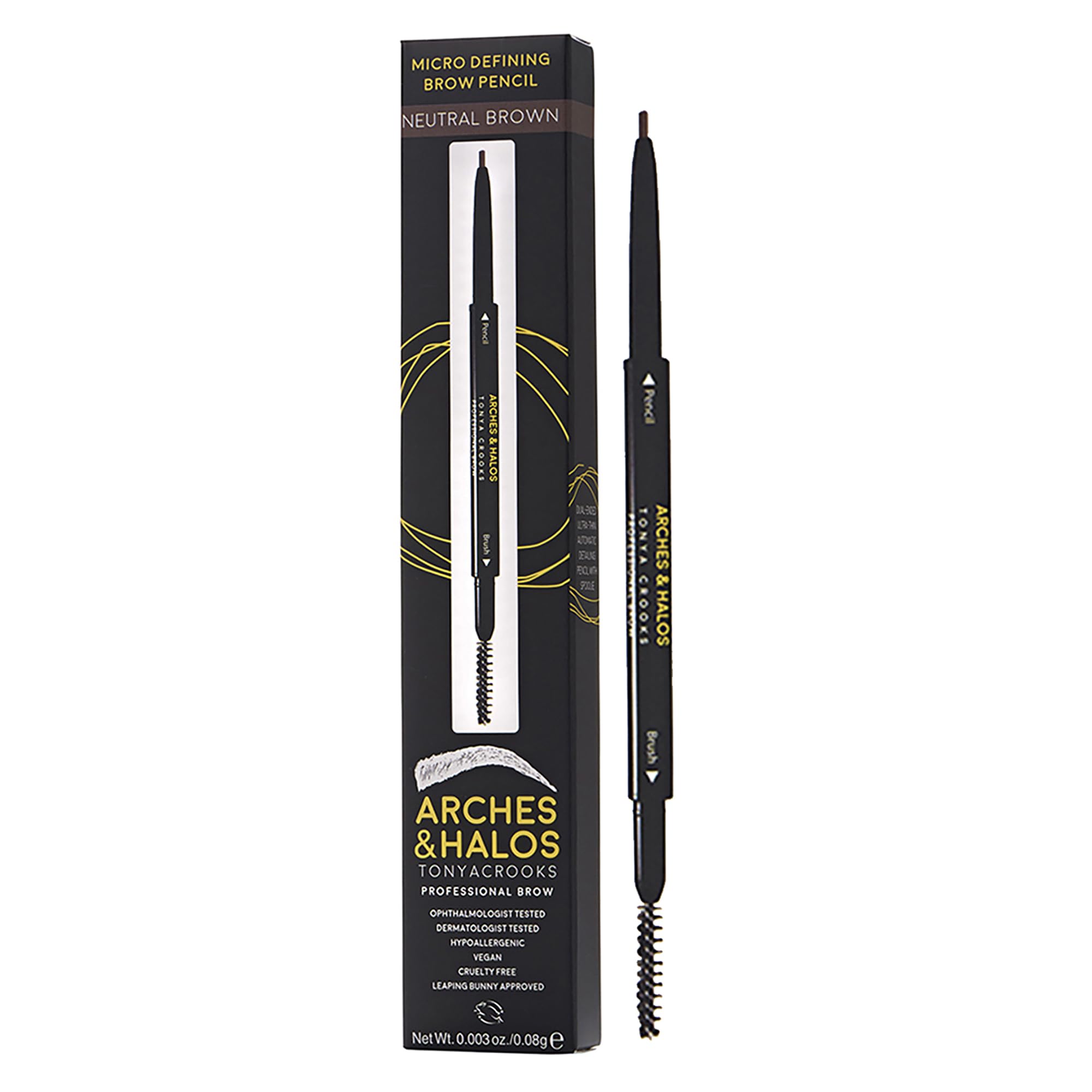 Arches & HalosMicro Defining Brow Pencil - Fuller and More Defined Brows - Long-Lasting, Smudge Proof, Rich Color - Dual Ended Pencil with Brush - Vegan and Cruelty Free - Neutral Brown - 0.003 oz
