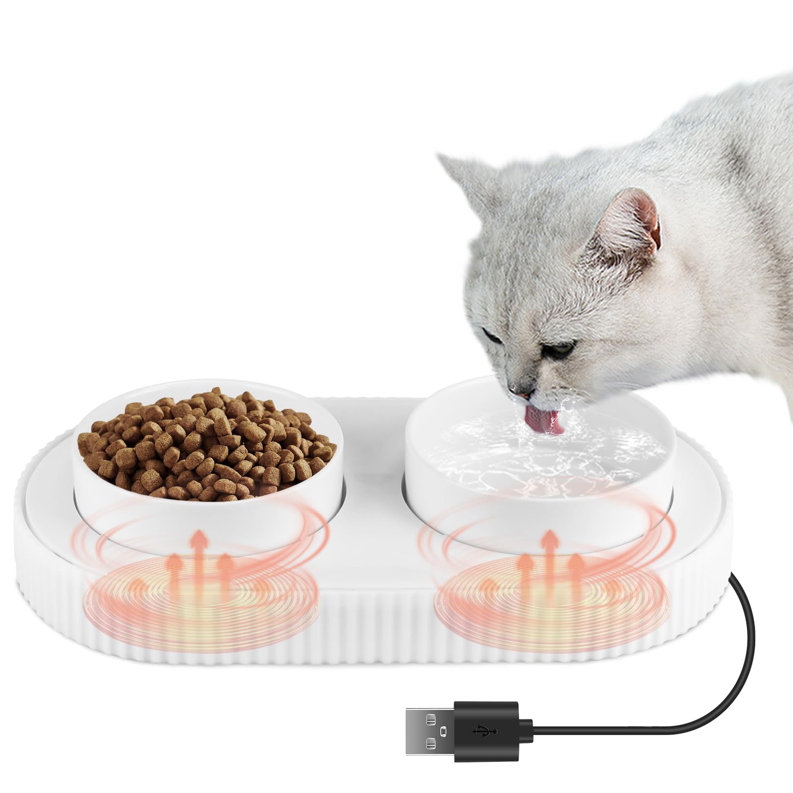 TeqHome Heated Water Bowl for Dog and Cat, Outdoor Heated Cat Bowl with Double Ceramic Bowls, Thermal Pet Bowl with USB, for Puppy Medium Dogs Cats, Provide Non Freezing Food and Water (2 Bowl)