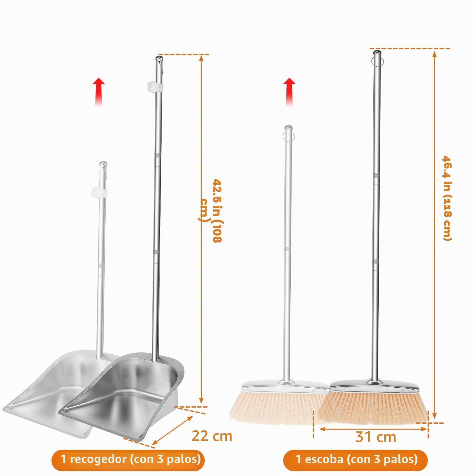 Juego de escoba y recogedor con mango largo, 118 cm, acero inoxidable, barredora y recogedor, pala vertical, limpieza hogar, oficina, porche, terraza