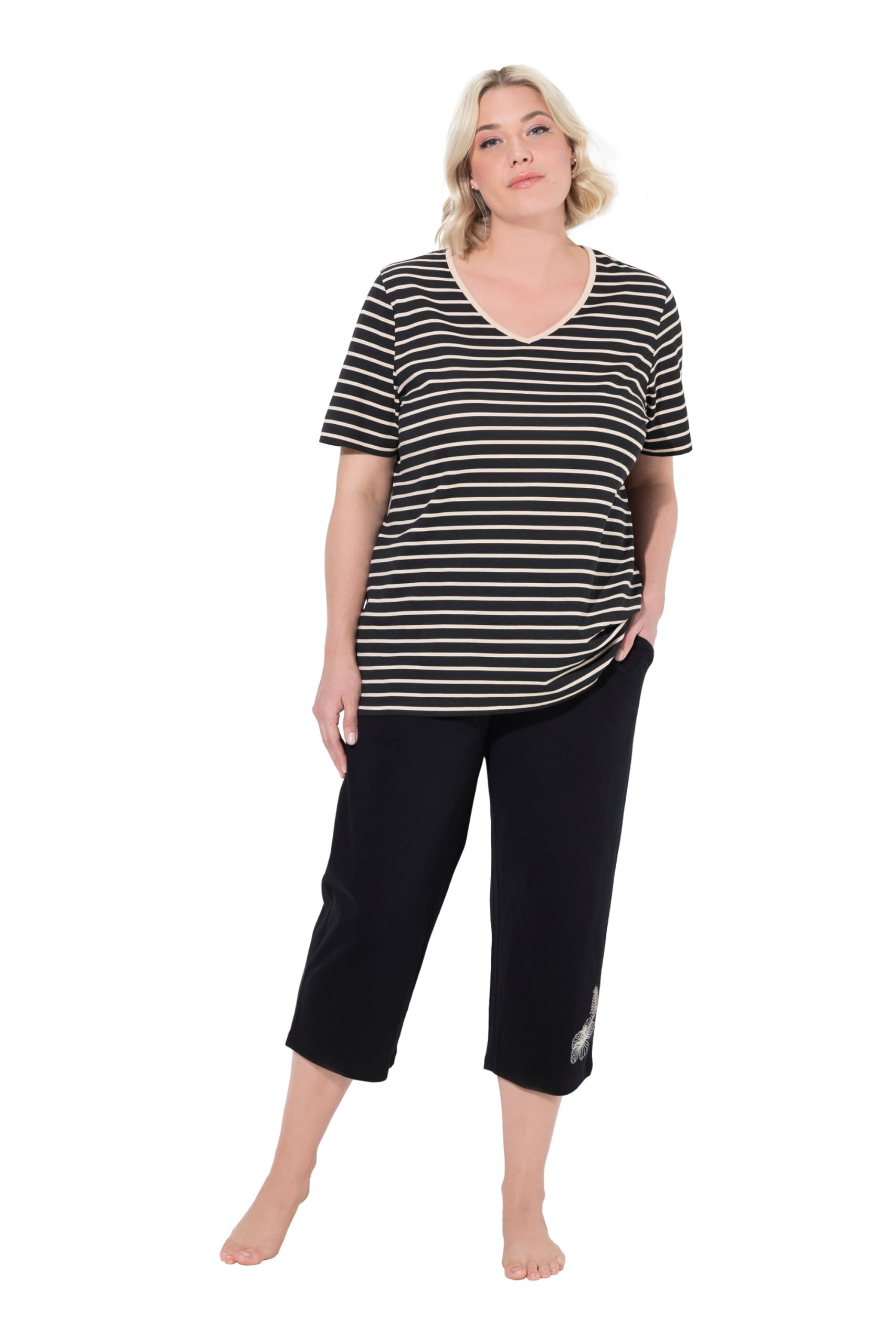 Ulla Popken Damen große Größen Übergrößen Plus Size Pyjama, Ringel, Stickerei, V-Ausschnitt, Halbarm 838377