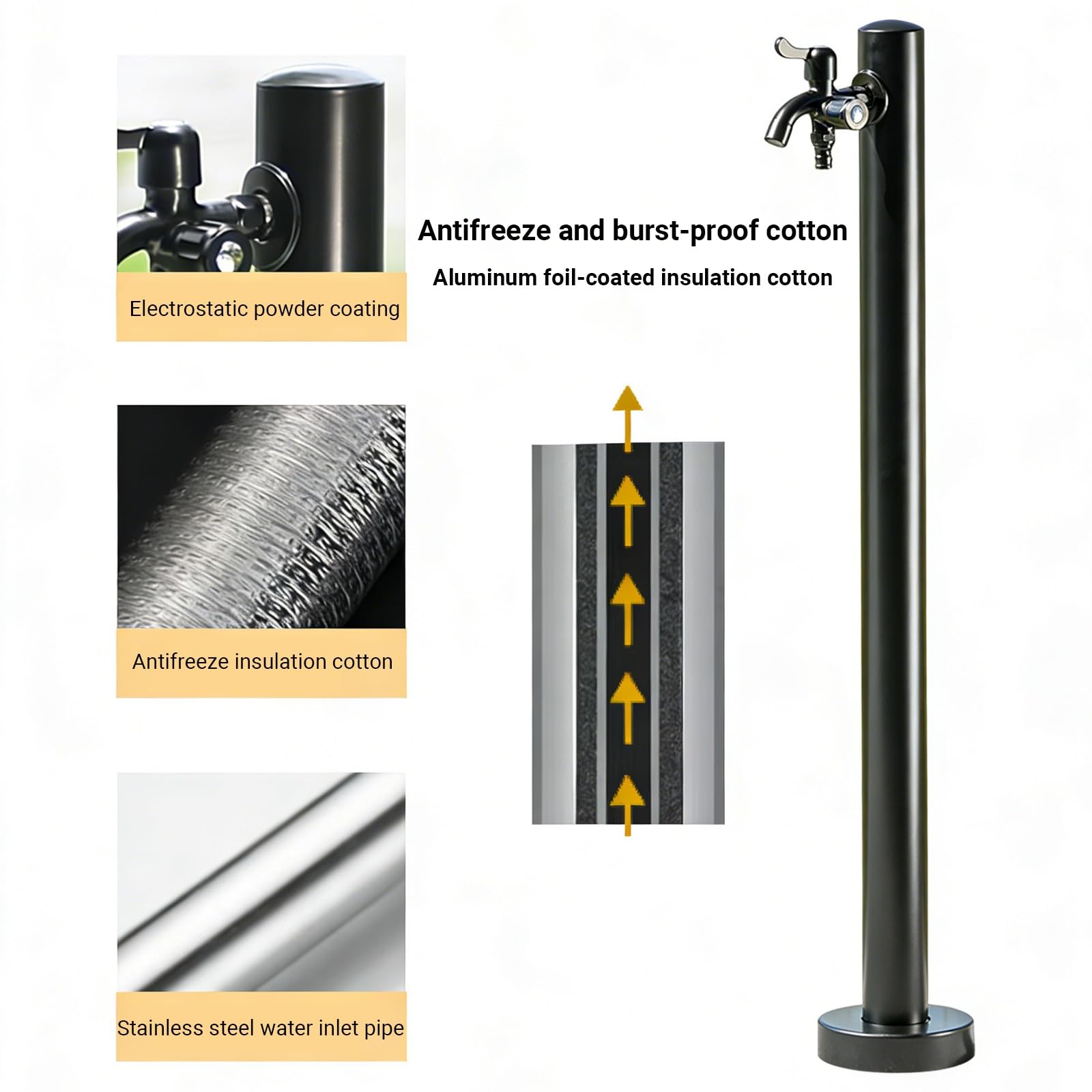 Columna de agua independiente para exteriores con doble grifo, soporte de manguera de acero inoxidable para patio y césped