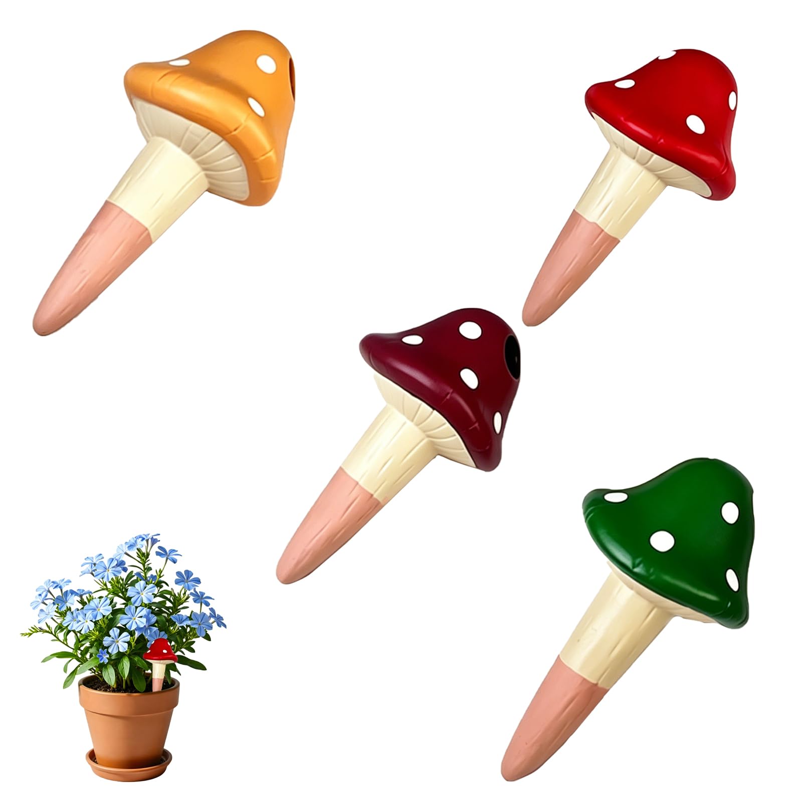 4 Pack Terracotta Self Watering Spikes, Mushroom Shaped Self Globes Slow Release Self Watering Planter Insert Decorative Terracotta Vacation Plant Waterer Plant Automatic Devices for Indoor and Outdoo