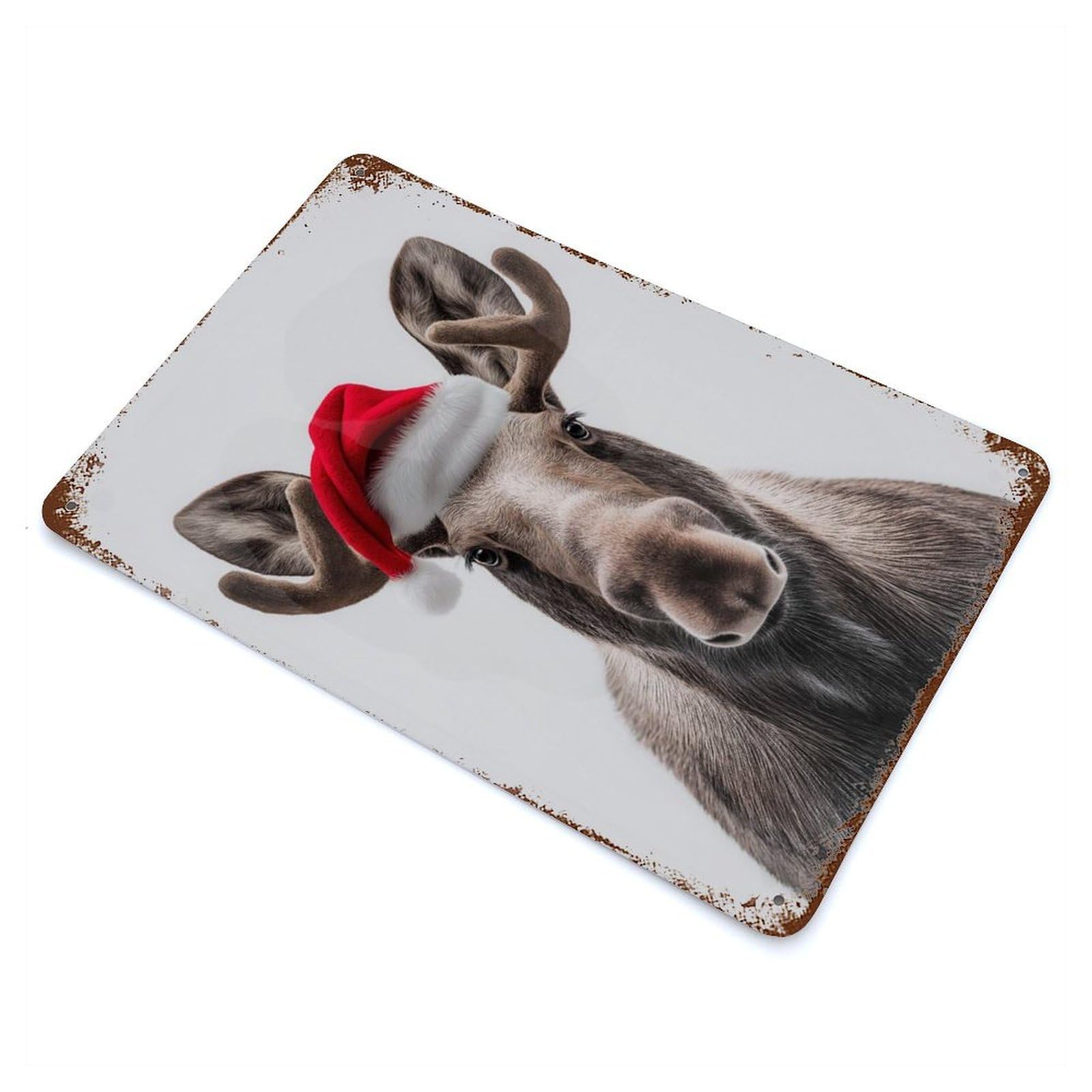Garage Style Christmas Moose with Santa Hat Portrait Vintage Rust Metal Sign 11.8"x7.9", Retro Wall Decor for Bar And Workshop
