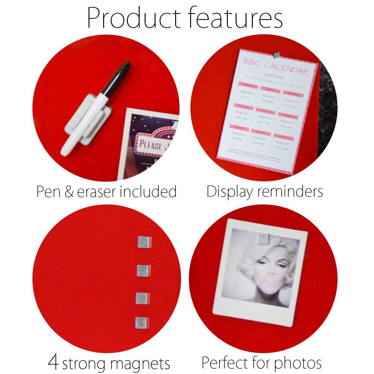 CARME Tableau mémo mural en verre rouge avec aimants stylo gomme pour photos, invitations, rappels, notes de cuisine