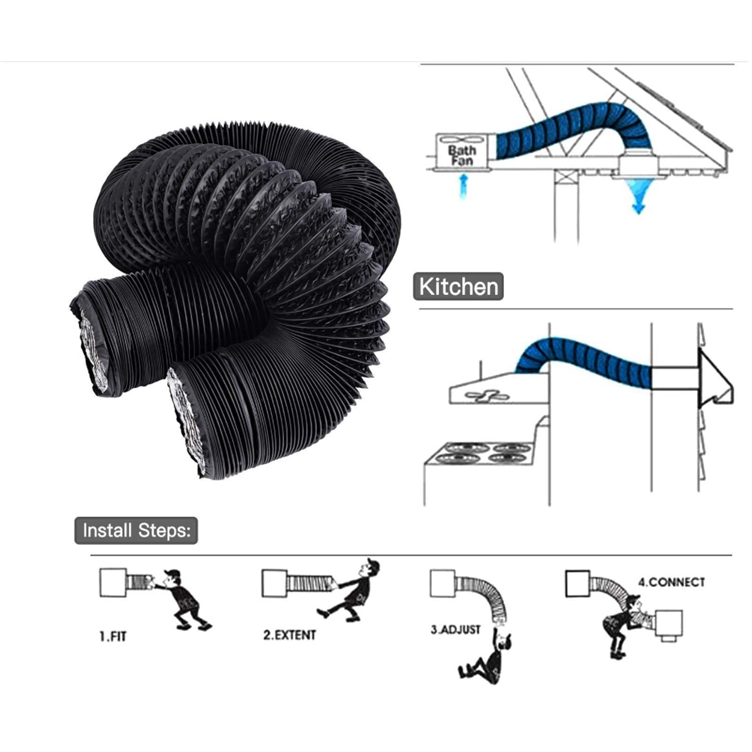 Conduit d'air flexible en aluminium robuste à trois couches de protection pour systèmes de ventilation CVC 50 mm x 10 m