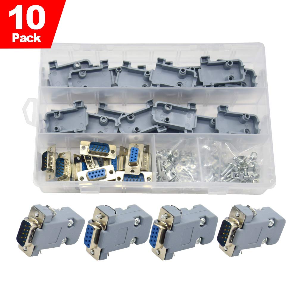 Yosawa 10-Pack (5 Male + 5 Female) DB9 9 Pin Solder Type Connectors + 10 Set Gray Plastic Hoods Complete Set of Crimp Connectors Assortment Kit-Pc Accessories