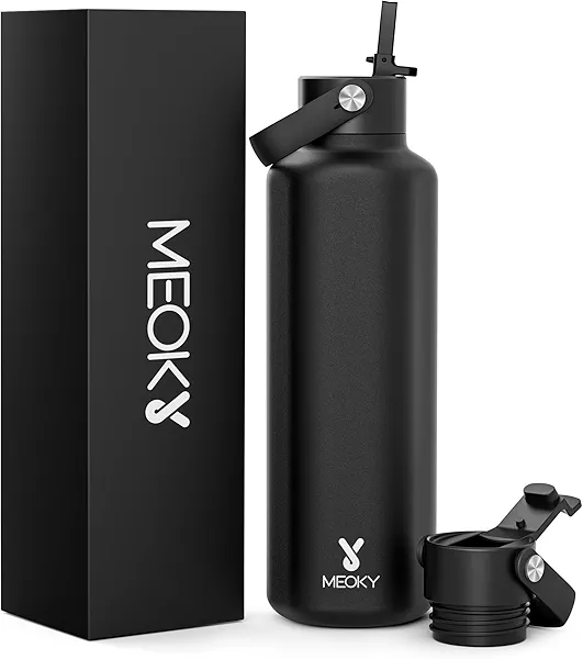 Meoky Insulated Water Bottle for Men: 24 oz Stainless Steel Water Bottle with Straw and Flip Lid for Work Sports - Commuters Gym Enthusiasts, Night