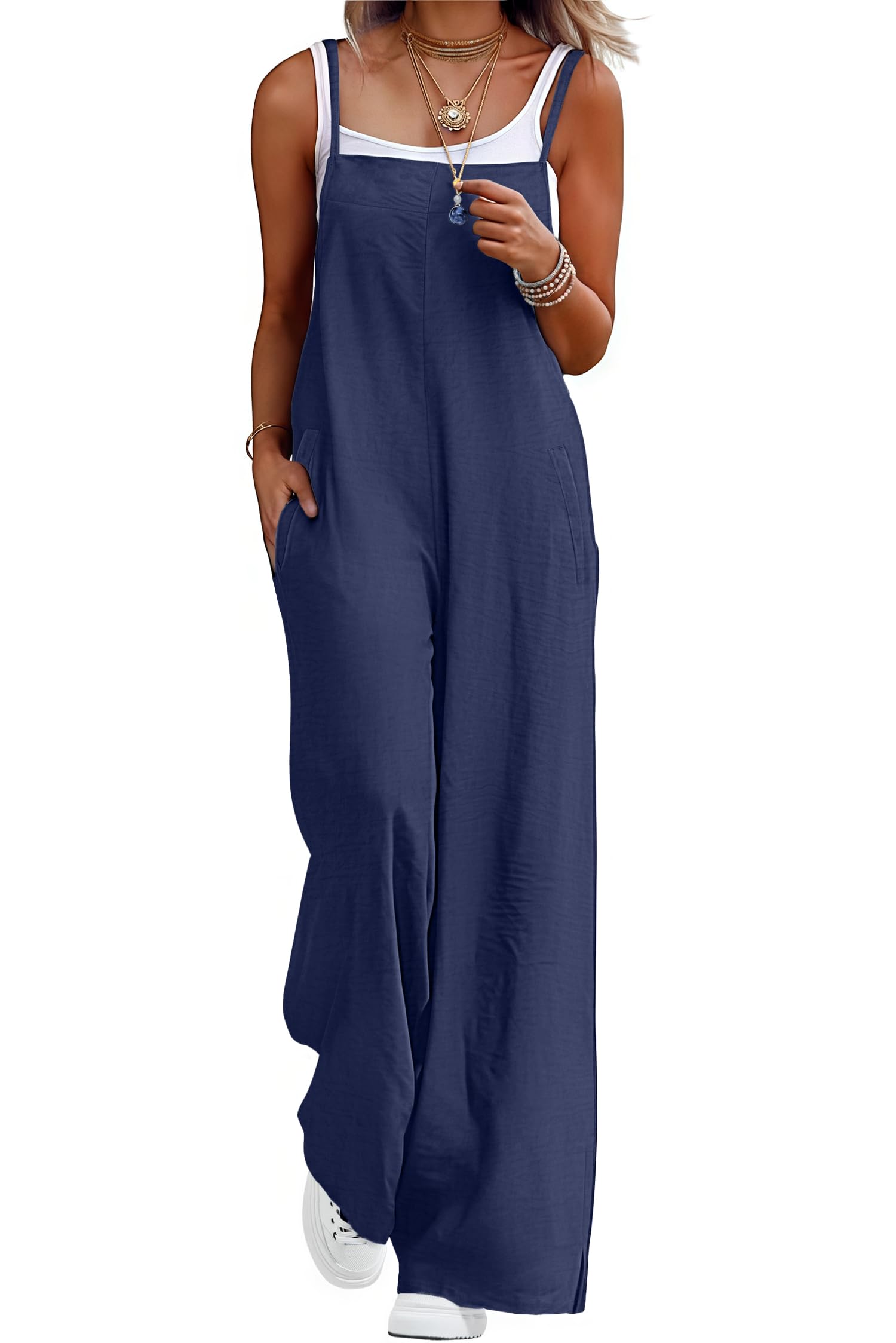 Lepunuo Womens Casual Loose Jumpsuits Summer Boho Wide Leg Rompers Sleeveless Overalls with Pockets A - Navy Blue Medium