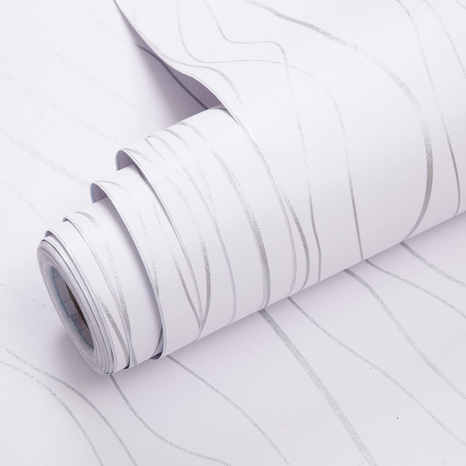 White Peel and Stick Wallpaper Stick and Peel Self Adhesive Wallpaper Removable Wallpaper White Wave Wallpaper Silver Stripe Contact Paper Shelf Drawer Liner Wall 1Covering 118โx17.7โโฆ